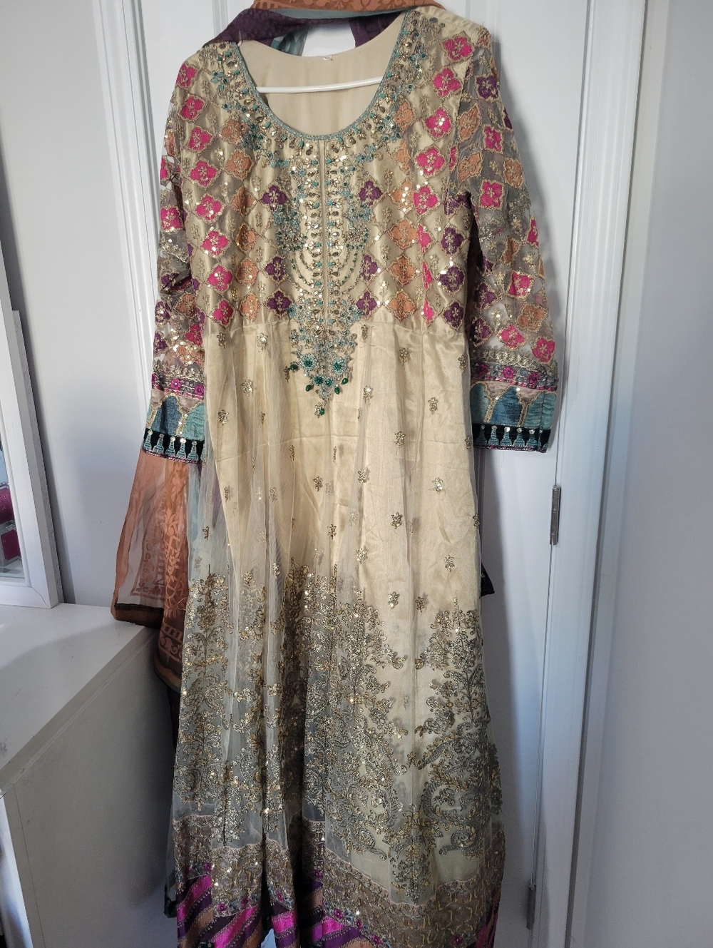 Pakistani MARIA B. Ivory and Gold Anarkali Dress with Pink & Teal Accents